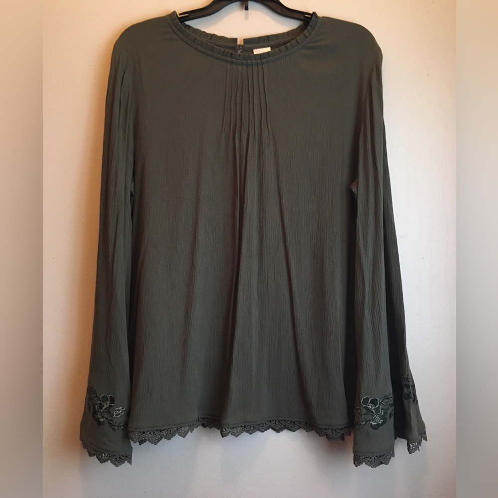 Olive Blouse with Lace trim and Embroidered Details